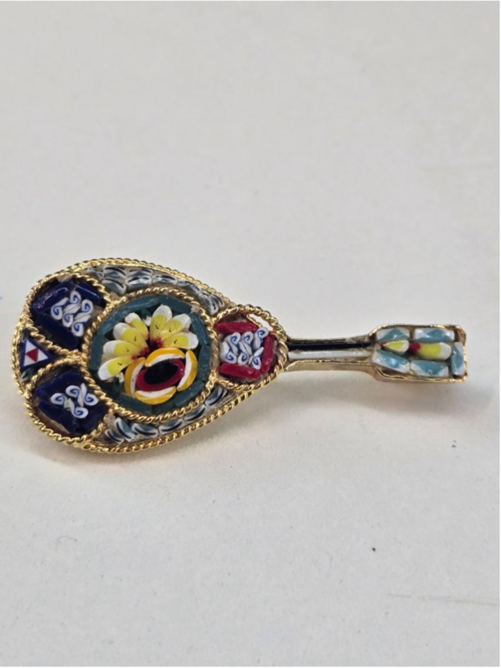 Micro Mosaic Brooch Women's Mandolin Vintage Handmade Glass Goldtone Red Floral
